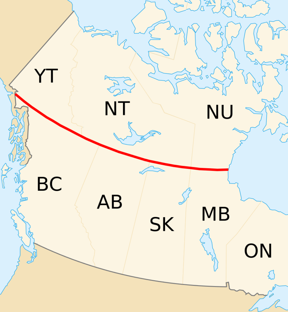 A simple map of Canada's provinces, with a red line marking the 60th parallel, marking a straight border between several provinces. 