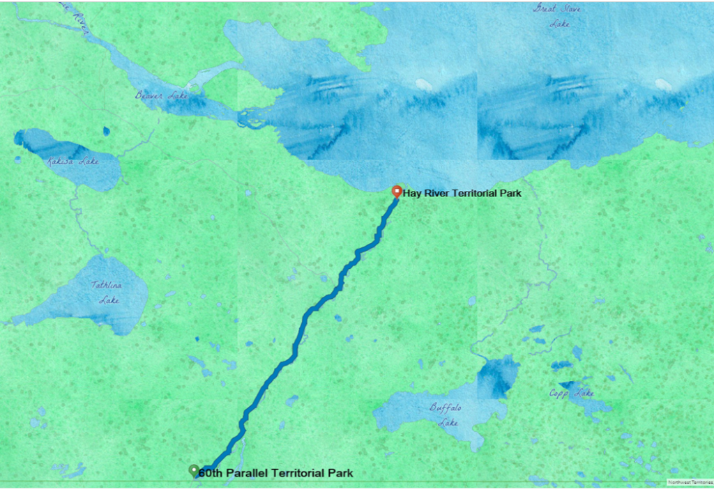 Watercolor map of the route from the 60th Parallel to Hay River. Background is bright green and waters are washes of blue. 