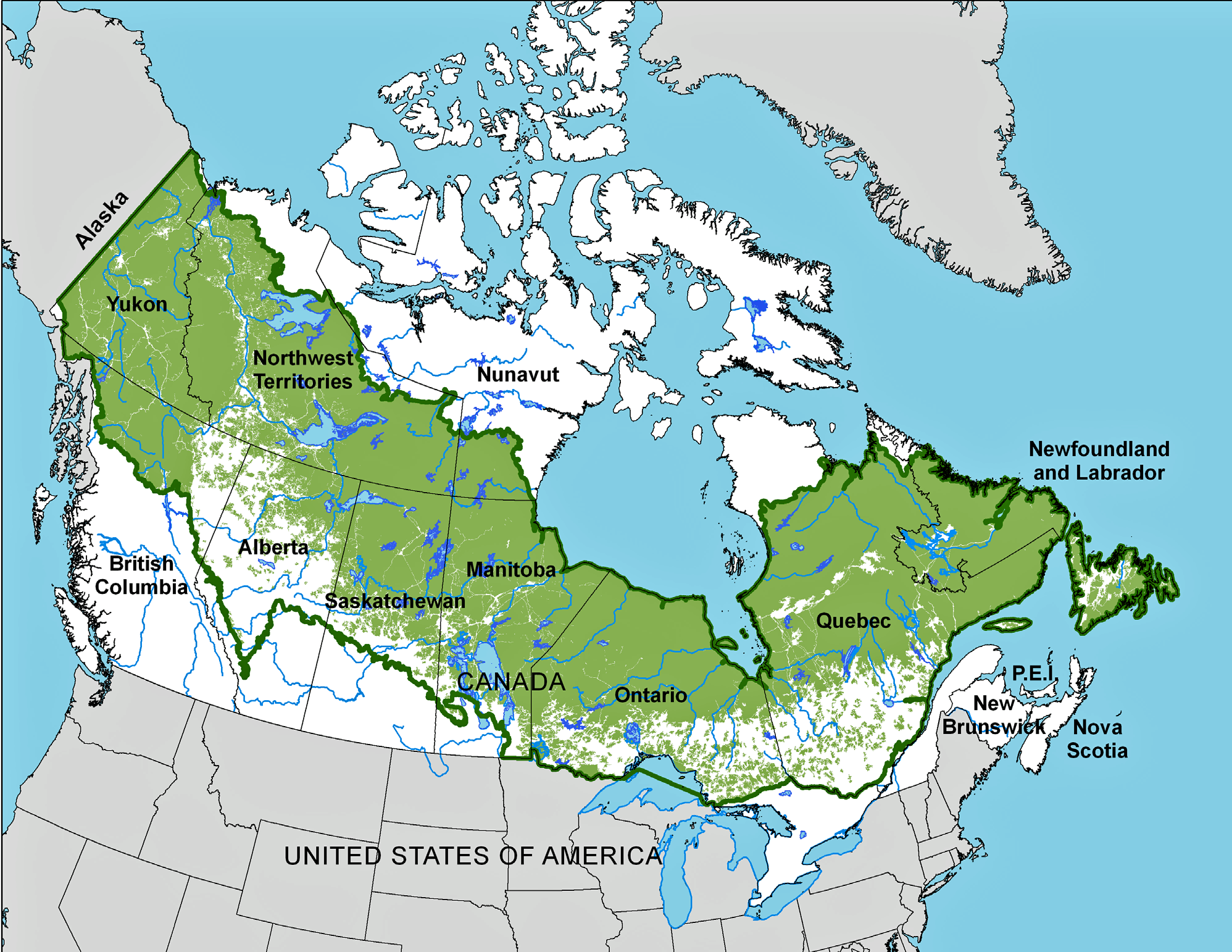 Map is the same as previous, with a belt of white creeping in at the south end of the belt, signifying loss of forest for farming and development.