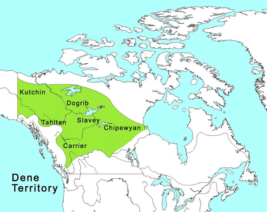 A simple map of the Northwest Territories showing Dene territory, with divisions for each group of Dene. 