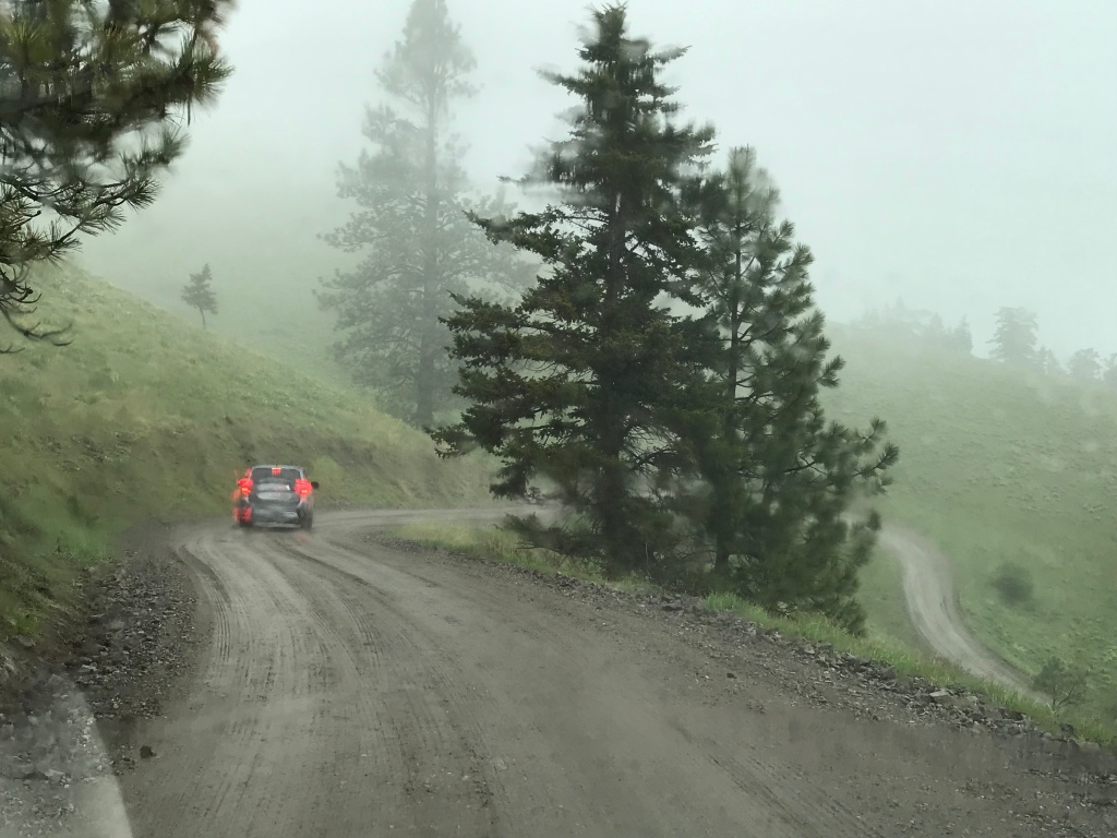 A car driving on a winding, slick road in mist and fog brakes. 