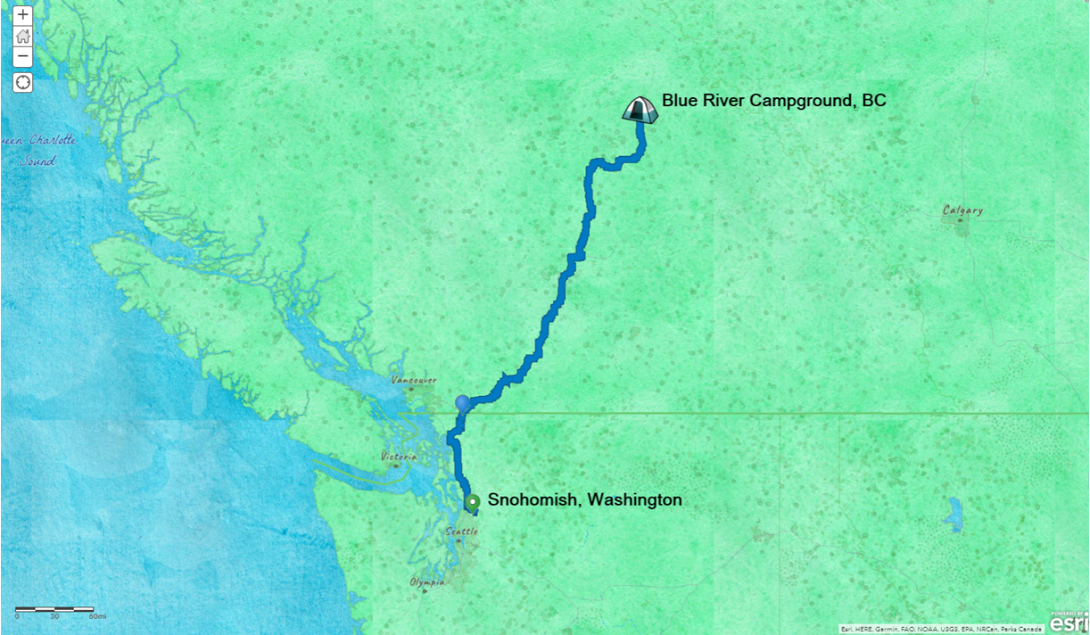 Watercolor map showing Snohomish WA and Blue River Campground, with my driving route shown as a blue line.