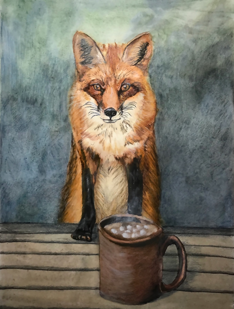 A sketch of a fox propped by its front feet on a picnic table, over a mug of steaming cocoa with marshmallows. 