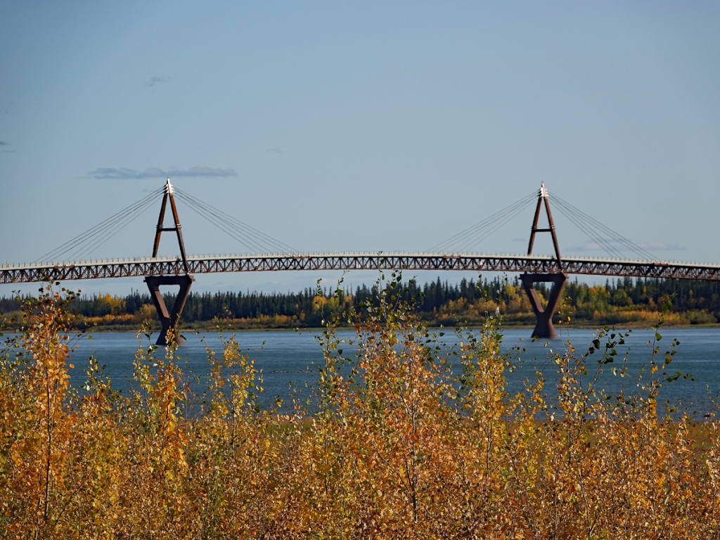 The Deh Cho Bridge rises above the river, a gentle arc with two braces that anchor stay cables supporting the span. 
