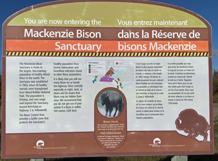 This sign in English and French lets you know that you are driving into the Mackenzie Bison Sanctuary. 