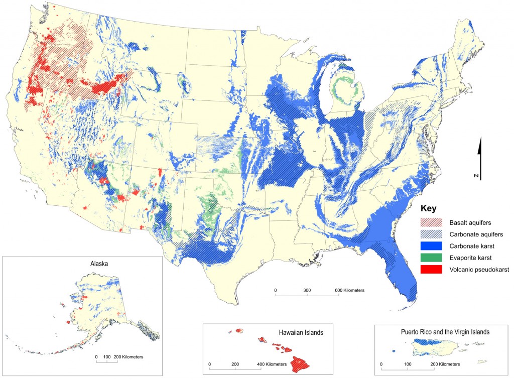 A map of the US and territories, showing karst formations that hold water. Florida is almost completely blue with karst formations. 